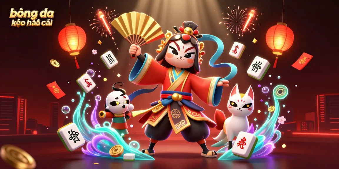 Engage with bóng đá kèo nhà cái through this vibrant 3D illustration showcasing a kabuki crane warrior and lucky symbols.