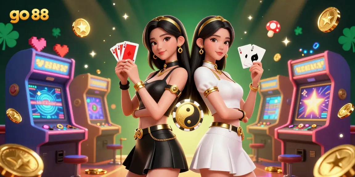 Experience vibrant excitement at go 88, with twin Asian women showing off their card skills under dazzling casino lights.