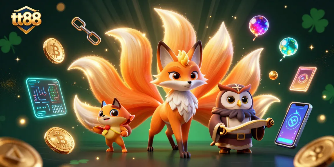 Experience the excitement of tt88 with a vibrant, mystical 3D casino scene featuring a nine-tailed fox and wise owl.