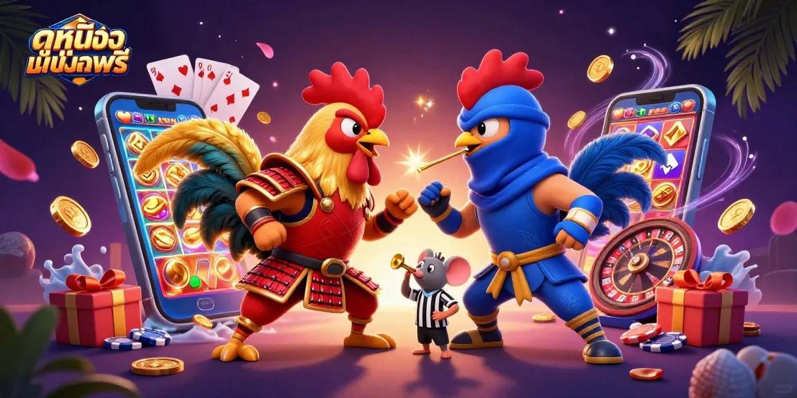 Engage in ดูหนังออนไลน์ฟรี with dynamic roosters in a thrilling casino scene filled with vibrant gaming elements.
