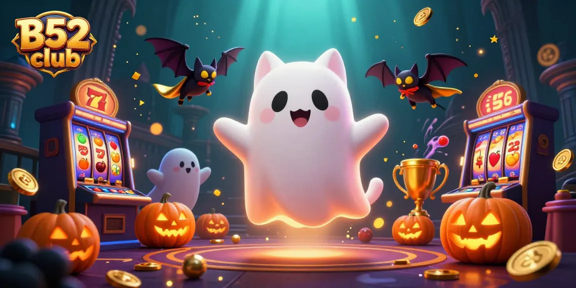 B52 club players enjoy slot machines in a vibrant haunted casino scene with spooky characters