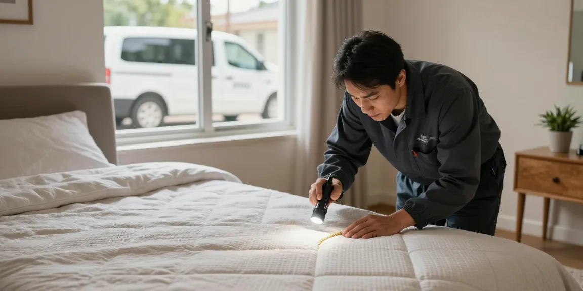 Bed bug pest control service in a peaceful bedroom environment during inspection.