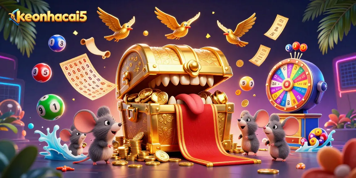 Engage with keonhacai5 and discover enticing lottery elements in this colorful casino scene.