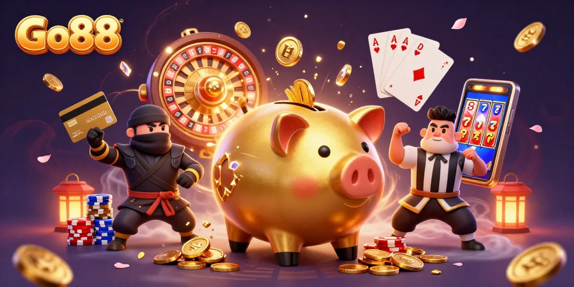 Engage with Go88, where a golden piggy bank sumo wrestler and gaming ninjas create a dazzling casino scene.