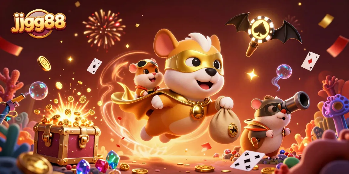 jjgg88 superhero dog flying with gold coins in a vibrant casino-themed scene.
