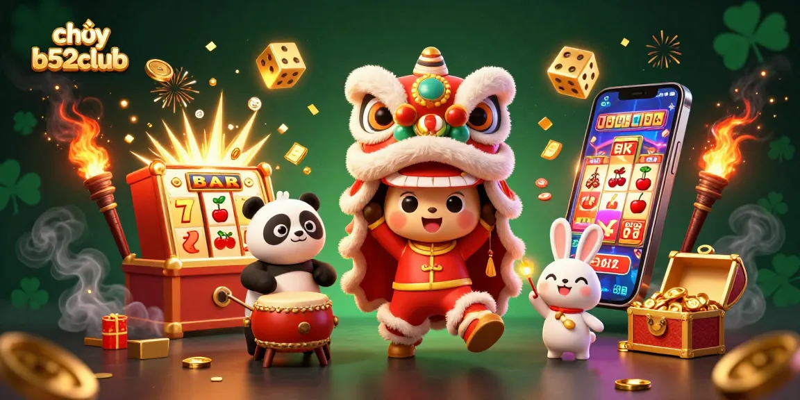 Play and win at chơi b52club in this vibrant casino-themed illustration showcasing action-packed elements.