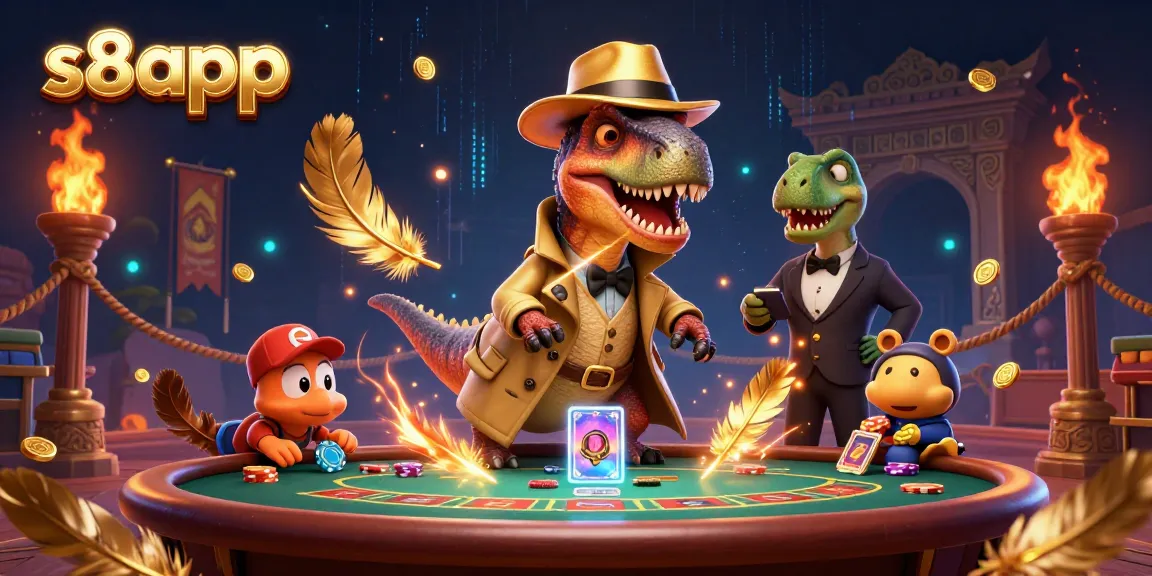 S8app showcases a dynamic 3D cartoon velociraptor card counter at a thrilling blackjack table amid swirling casino action.