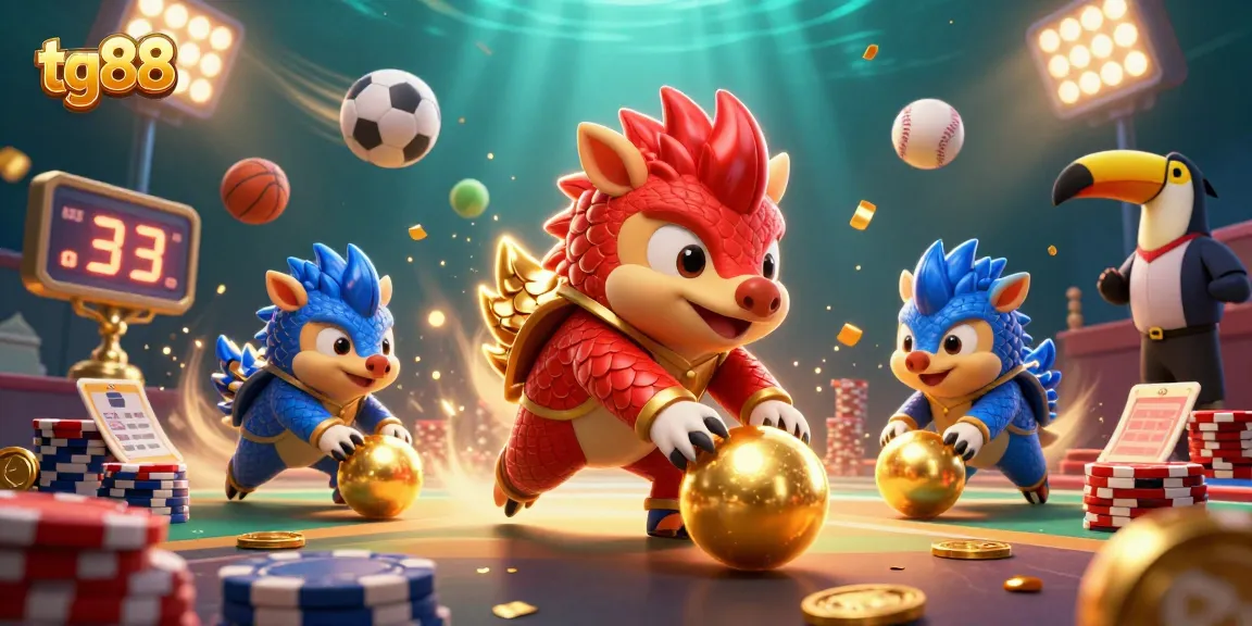 Experience vibrant gaming action with tg88 as rival pangolins roll golden balls through poker chips.
