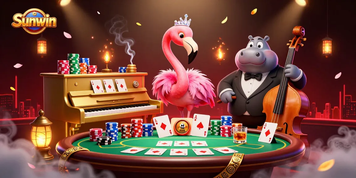 Experience Sunwin's vibrant casino atmosphere with a dynamic 3D lounge scene featuring playful characters and rich gaming elements.