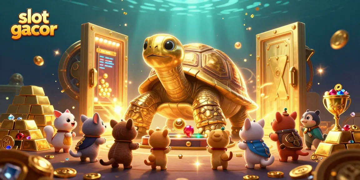 Experience the excitement of slot gacor with a golden tortoise as a pinball machine in a vibrant casino scene.