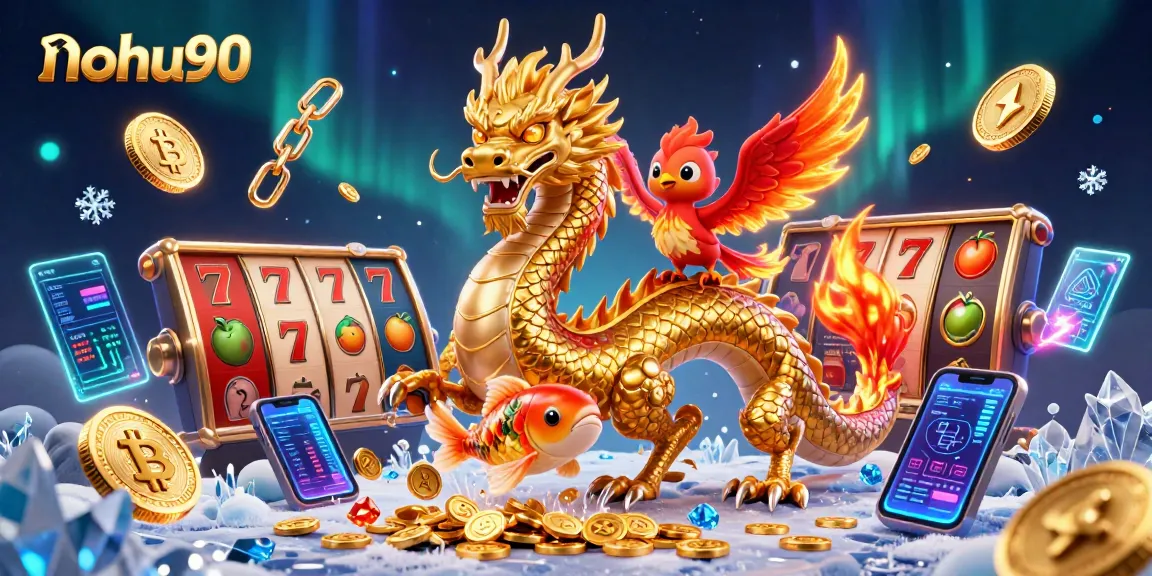 Experience thrill and excitement at nohu90 with a dynamic golden dragon, phoenix, and coins.