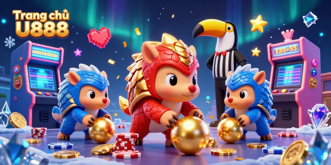 Engage with Trang chủ U888 in a vibrant 3D casino scene featuring colorful pangolins and dynamic gaming elements.