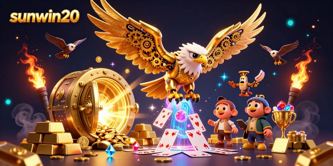 Win big with sunwin20 in this vibrant casino illustration of a golden eagle and treasures.