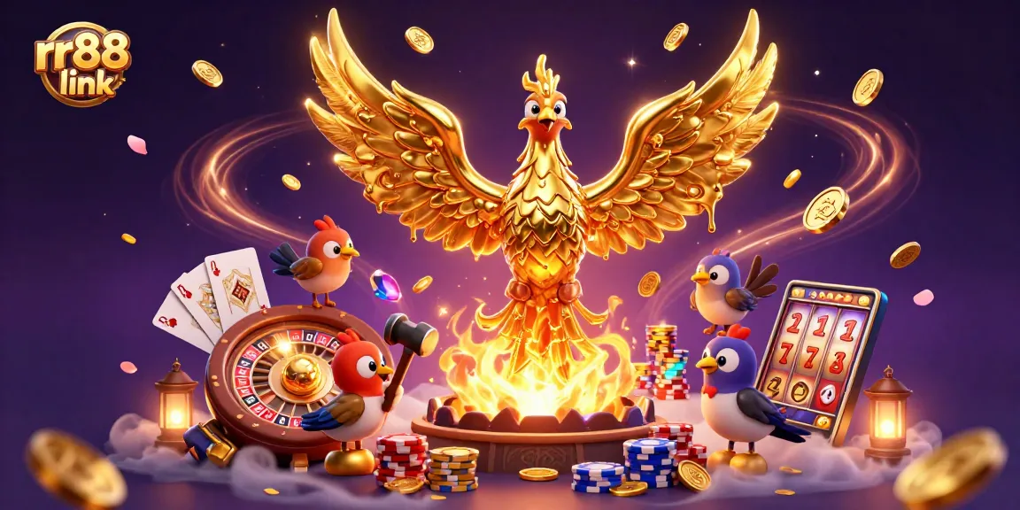 Enhance your gameplay with rr88 link, featuring a golden phoenix and casino elements in a vibrant scene.